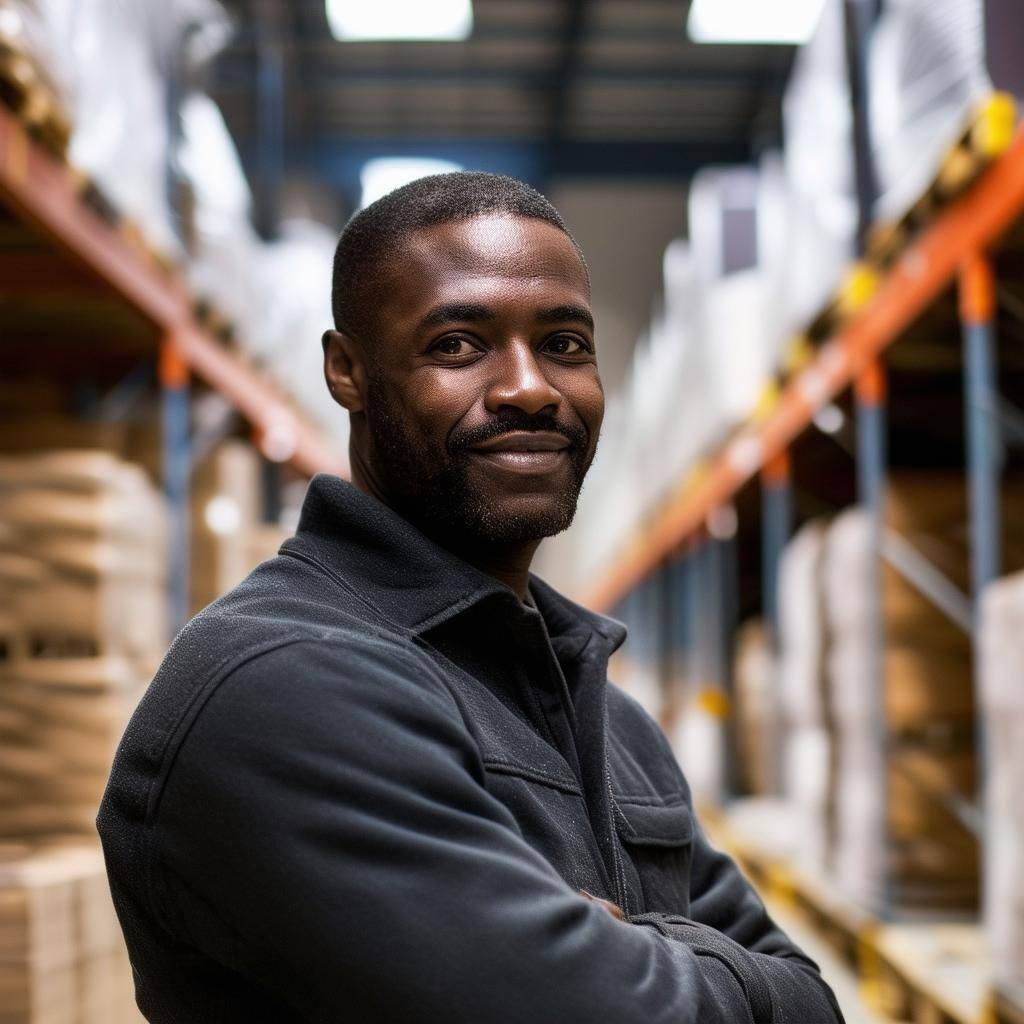 black man in an admin job in a warehouse building