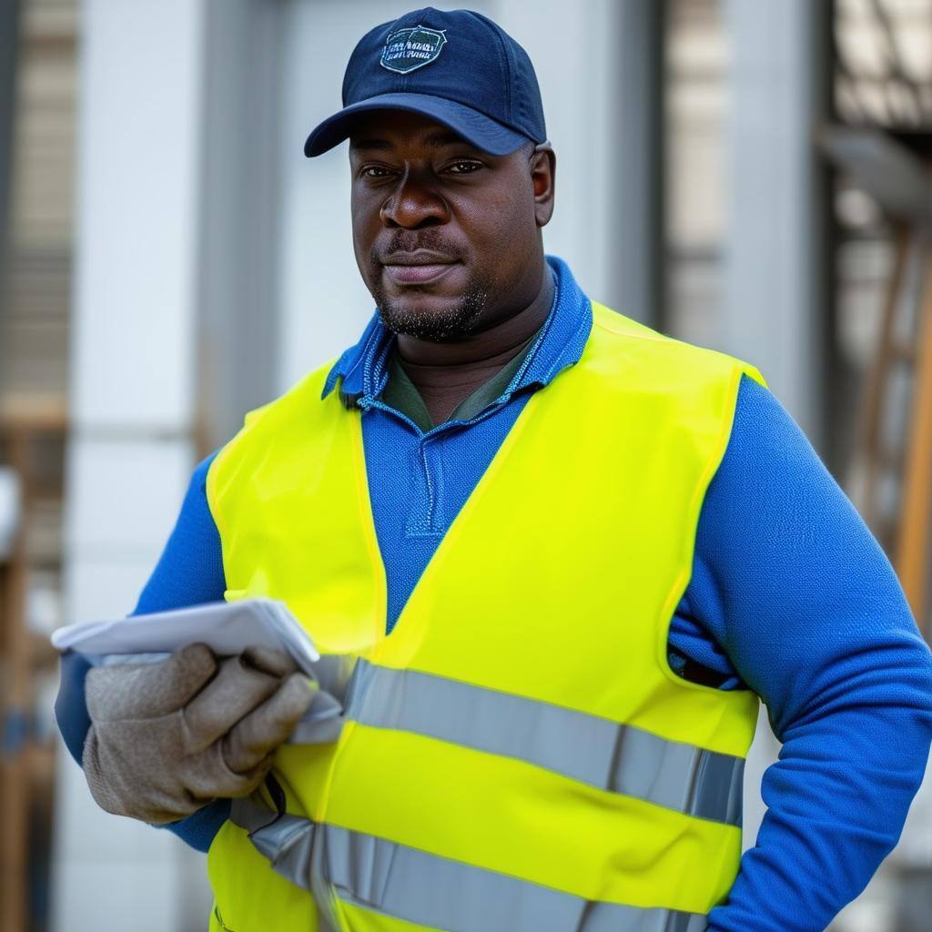 blue collar worker with high visibility vest with baseball hat