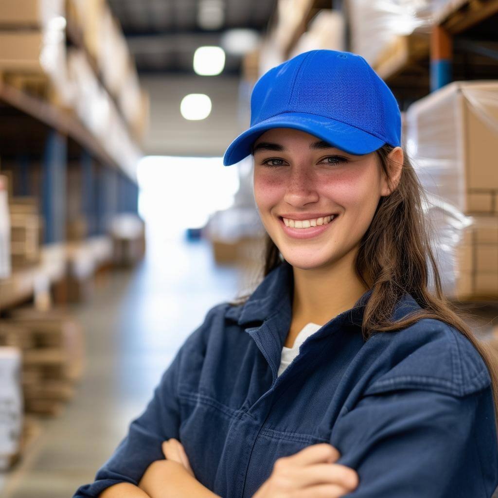 female warehouse employee with a blue baseball hat