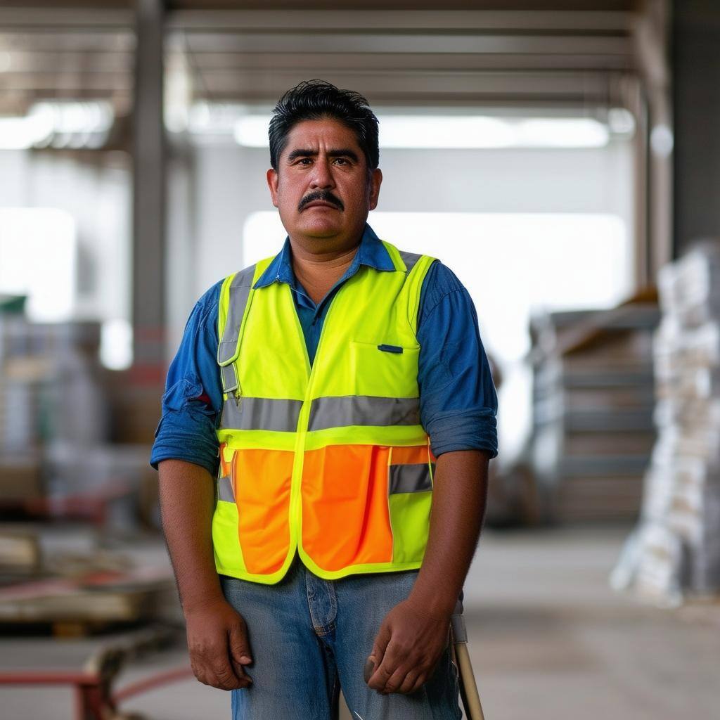 mexican blue collar worker with high visibility vest with black hair